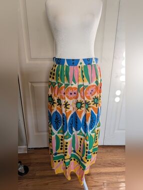 Zara Multicolor Printed Midi Skirt in Blue, Yellow, Pink, Green, White